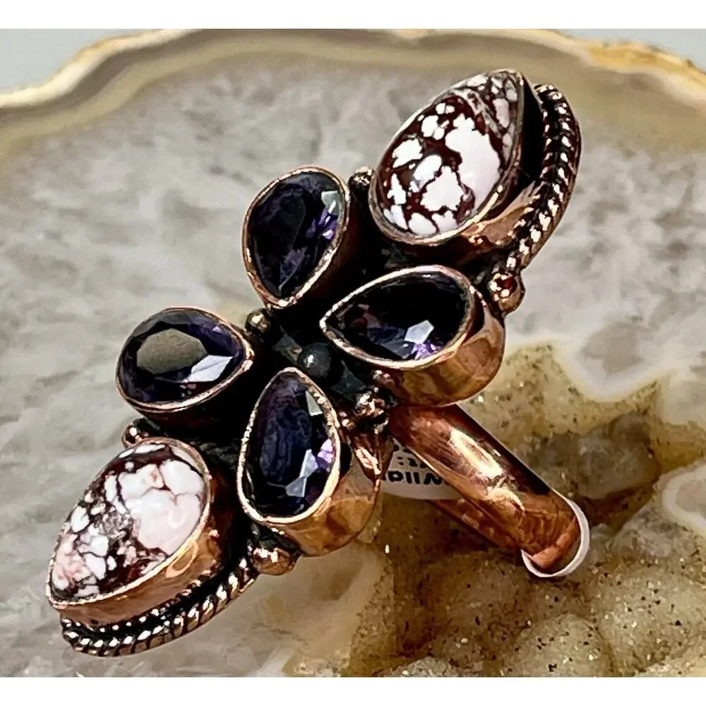 Wild Horse Turquoise Amethyst Copper Cluster SW Statement Ring Adj Sz Handmade